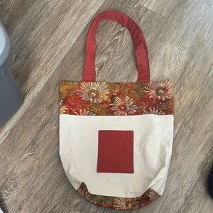 Large Homemade Floral Canvas Tote Bag - Burnt Orange and Cream